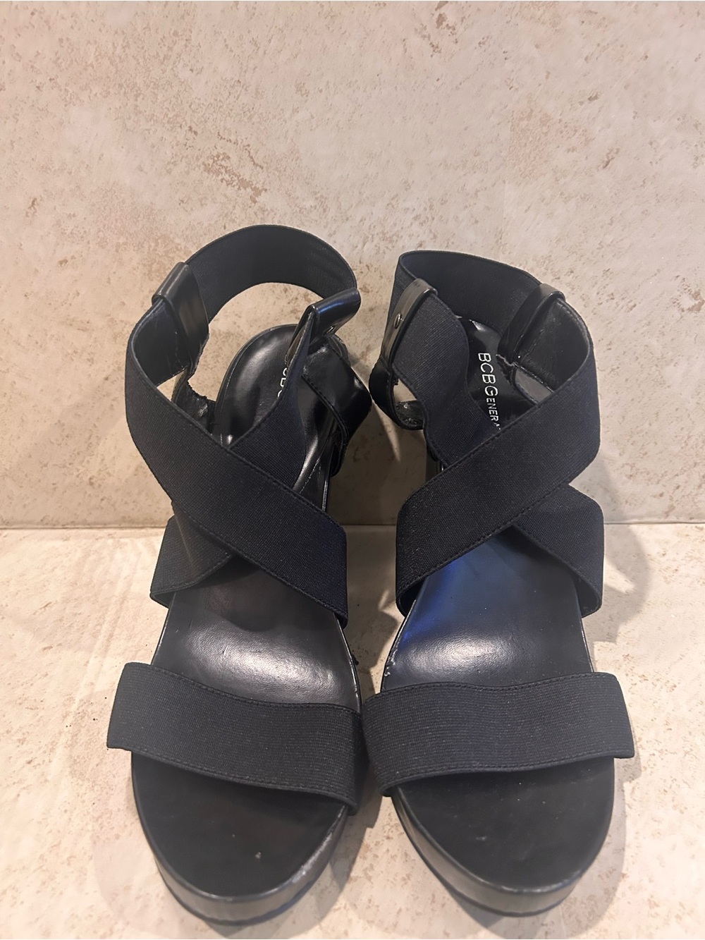 BCBG Platform Wedges Crisscross Elastic Strap Sandals